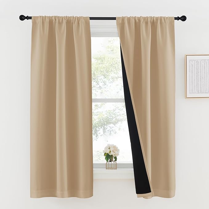 NICETOWN Biscotti Beige 100% Blackout Lined Curtains, 2 Thick Layers Completely Blackout Rod Pocket Thermal Insulated Drapes for Kitchen/Bedroom (1 Pair, 37 inches Width x 63 inches Length Each Panel)