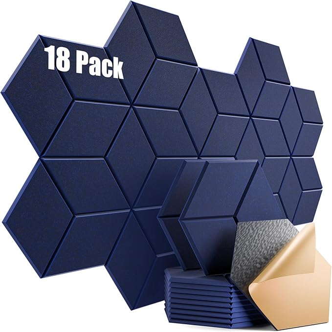 18 Pack Self-Adhesive Acoustic Panels 12" X 10" X 0.4" - Sound Proof Foam Panels for Wall with High Density, Y-Lined Design, Flame Resistant, Absorb Noise and Eliminate Echoes(Dark Blue)