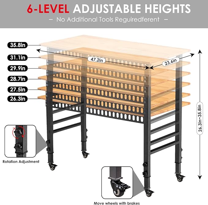 OLBRUS 48 "Adjustable Workbench with Power Outlet, Heavy Duty 2000 LBS Load Capacity Hardwood Workbench Suitable for Workshop, Office, Garage, Home with Wheels