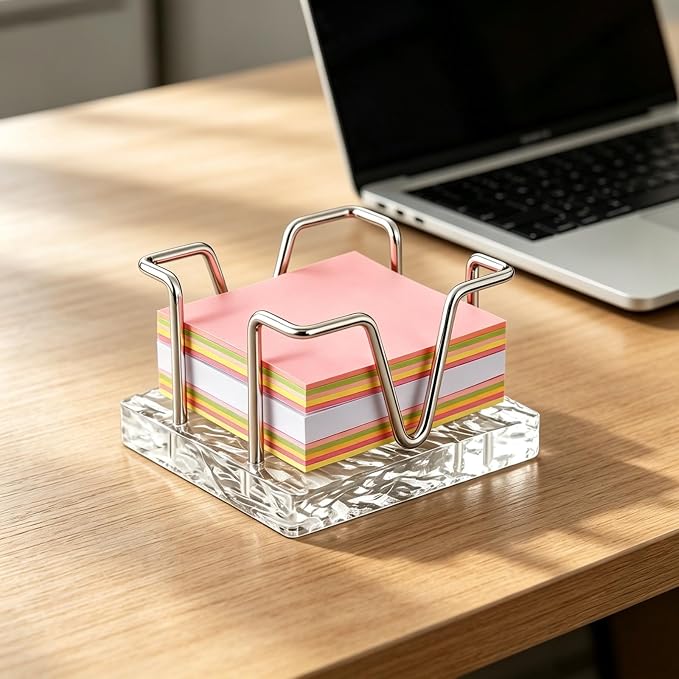 Sticky Note Holder, 3 x 3 inch Self Stick Note Pad Holder, Post It Note Dispenser Desk Accessories for School and Office Desk Organizer, Silver & Clear Acrylic