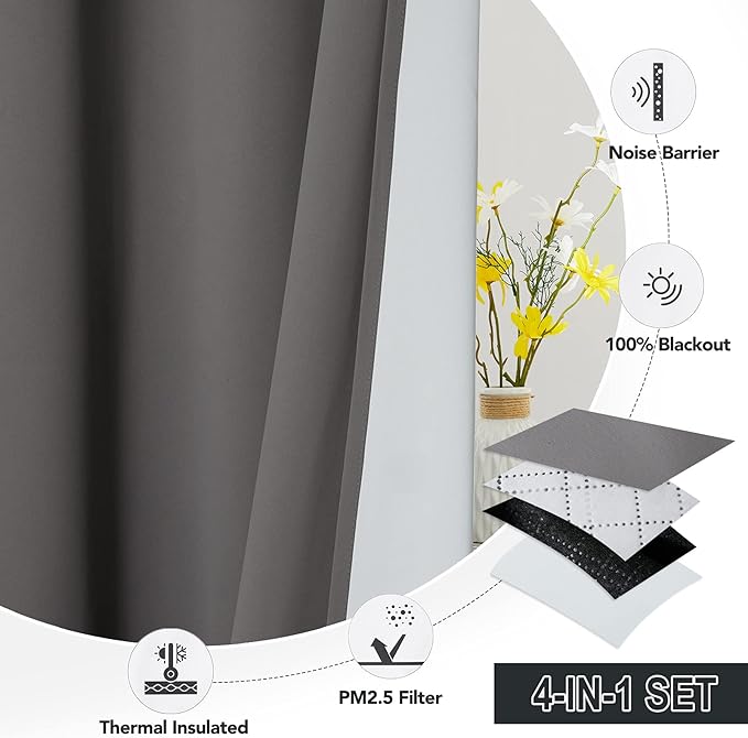 RYB HOME Soundproof & Dust Particle Filtering Curtains Total Blackout Thermal Insulated Window Treatment Air Filter Drapes for Studio Laundry Room Furance, Grey, W52 x L63 inch, 2 Panel