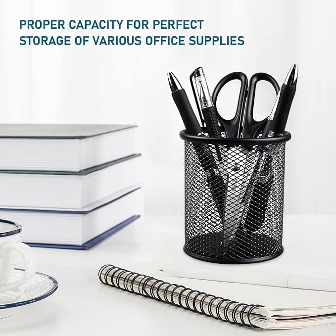 QYH Mesh Pencil Cup for Desk 6 Pack, Black Pen Holder 3.54"x3.93" | Metal Pencil Box, Desk Organizer for Office, School, Home & Business