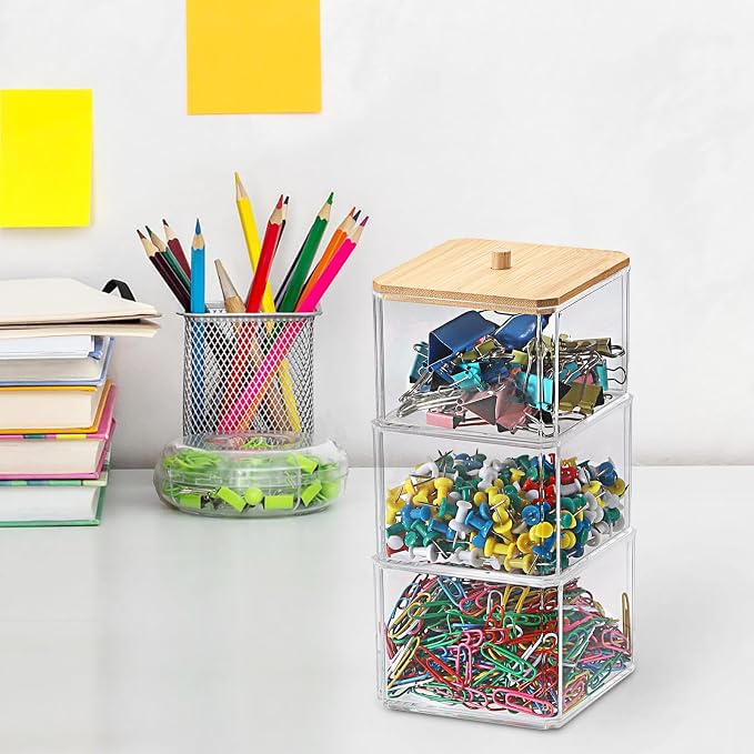 BTSKY Clear Stackable Paper Clip Holder with Bamboo Lid 3-Layer Paperclip Box Thick Acrylic Office Supply Accessory Organizer Square Small Storage Holder Cute Qtip Holder for Office Bathroom Vanity