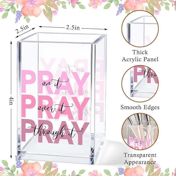 Christian Acrylic Pen Holder Cup, “Pray Over It Prays On It Pray Through It” Bible Verse Desk Decor, Pink Office Desk Organizer, Inspirational Gift for Women, Religious Desk Accessory