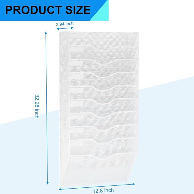 10 Pockets Hanging Wall File Organizer Mail Holder, Wall Mounted Paper Document Folder Holder, Clipboard Storage Organization Magazine Rack, White