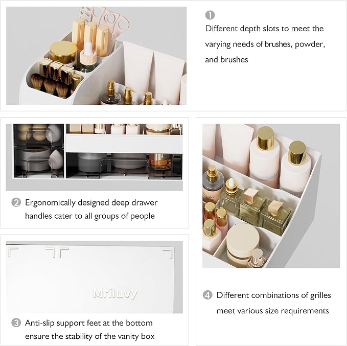 Makeup Organizer with Drawers,Large Cosmetic Storage Box,Countertop Skincare Organizer,ABS Makeup Brush Holder for Bathroom,Desk,Dresser,Multifunctional Beauty Display Case,White transparent