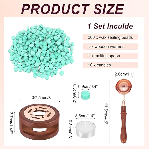 PATIKIL Wax Seal Kit, 300 Pcs Wax Sealing Beads, Wooden Warmer, Melted Spoon, 10 Pcs Tealight Candles for Envelope Letter Mailing Crafts DIY, Mint Green