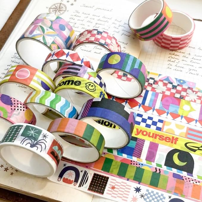 Bomichi Washi Tape Set - 34 Rolls Modern Geometric Pattern Washi Tape for Bullet Journaling, Scrapbooking, Planner Borders, DIY Collage Supplies,Gift Wrapping, School Supplies