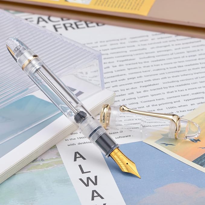 Asvine V800 Fountain Pen - Vacuum Filling System with Large Ink Capacity - Smooth Number 8 Extra Fine Nib with Gift Case and Wrench- Clear Gold Acrylic