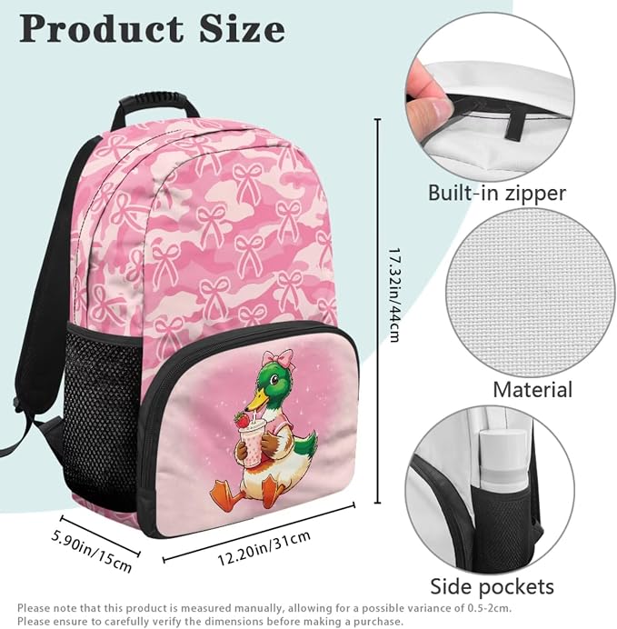 Duck Hunter Girls School Backpack Set 4 PCS, 17 Inch Pink Bow Camo Bookbag with Insulated Lunch Bag for Kids Ages 6-8 Elementary Back to School Supplies