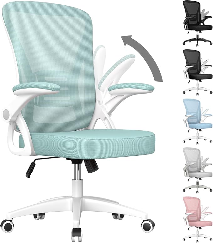 naspaluro Home Office Desk Chair Mid Back with Adjustable Height Green | Comfy Ergonomic Chair with Flip-Up Arm and Lumbar Support, Breathable Mesh Swivel Computer Chair for Study Working Teacher