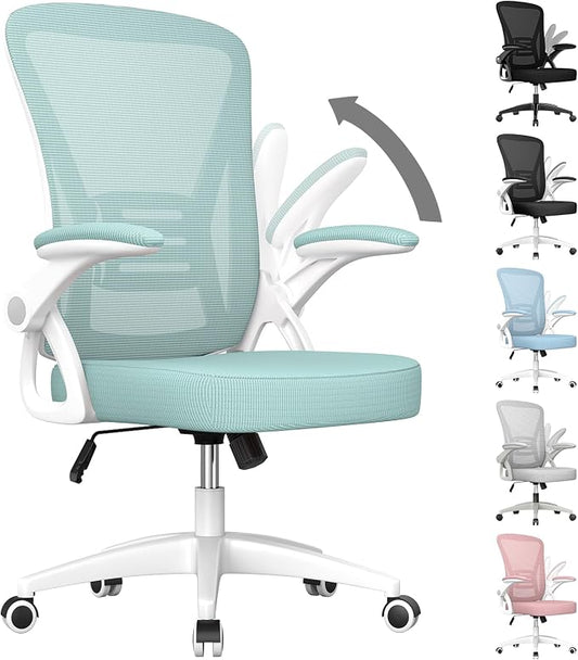 naspaluro Home Office Desk Chair Mid Back with Adjustable Height Green | Comfy Ergonomic Chair with Flip-Up Arm and Lumbar Support, Breathable Mesh Swivel Computer Chair for Study Working Teacher