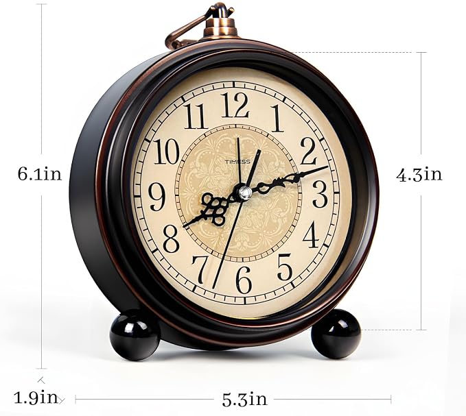 TIMESS Vintage Analog Alarm Clock, 4.3" Silent Non-Ticking Quartz Desk Clock, Battery Operated Table Clock for Bedroom, Living Room, Office, or Gift