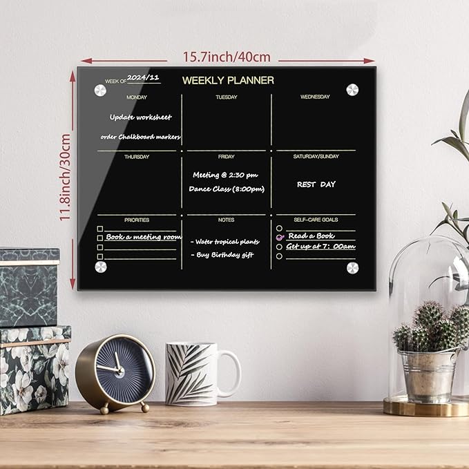 Okydoky Glass Dry Erase Whiteboard, 12" x 16", Frameless Glass White Board for Home, School, Office, Black Surface