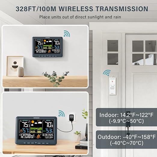 BluSon Weather Station Wireless Indoor Outdoor Thermometer, Atomic Clock | Color Display Digital Temperature Humidity Monitor with Weather Forecast, Adjustable Backlight, Barometer for Home, Blue