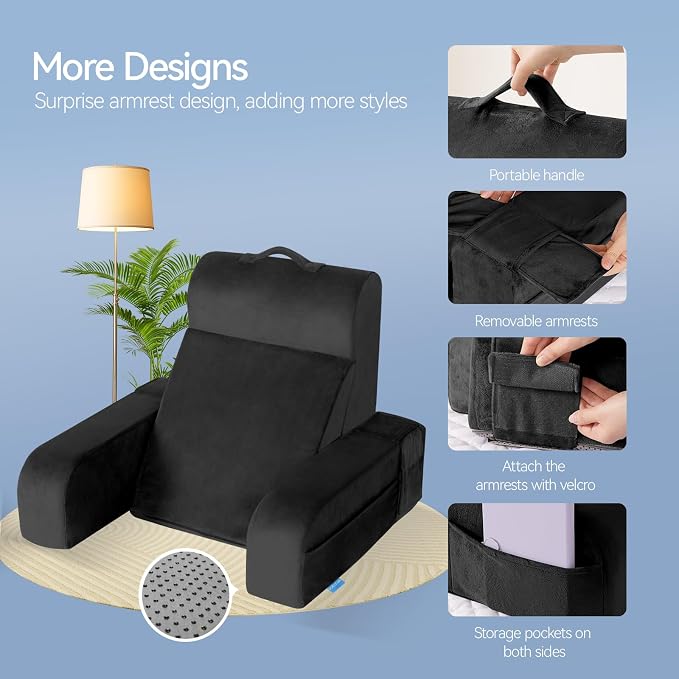 Kayfia Reading Pillow, Gel Memory Foam Back Rest Pillow, 21'', Black | 3 Storage Pockets, Dual-Use Back Leg Support Pillow, Detachable Armrests, Ideal for Reading, Gaming, Working on Bed & Couch