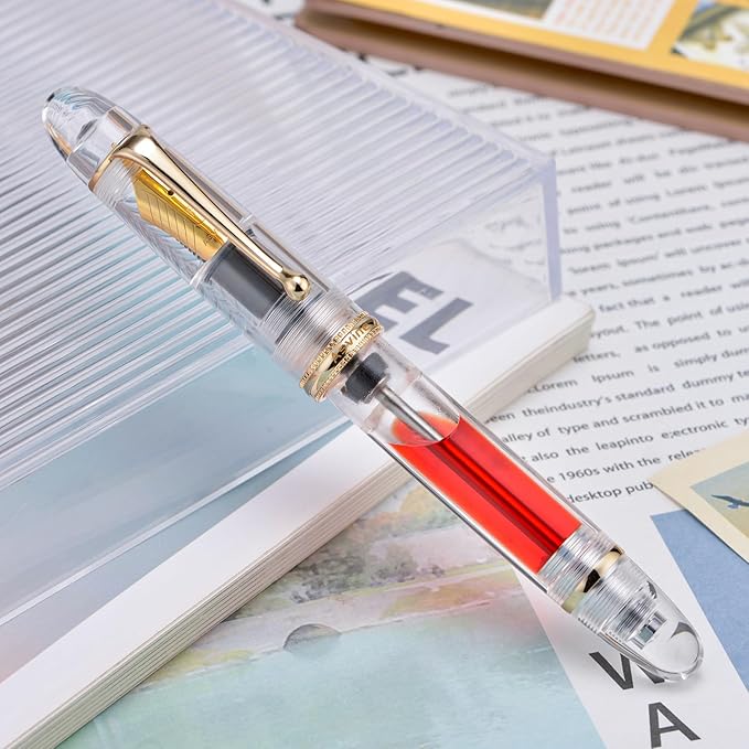 Asvine V800 Fountain Pen - Vacuum Filling System with Large Ink Capacity - Smooth Number 8 Fine Nib with Gift Case and Wrench - Clear Gold Acrylic