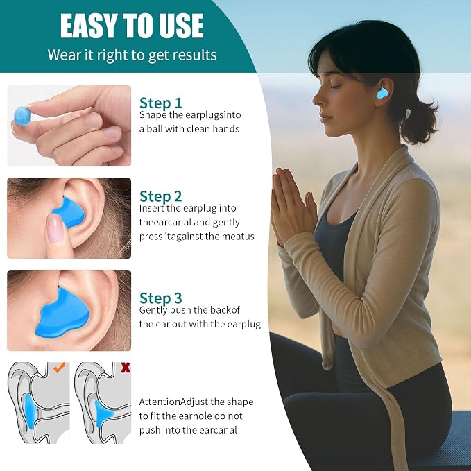 Ultra-Soft Noise Cancelling Sleeping Ear Plugs - Moldable Silicone, Wear Comfortable Noise Repairing Ear Plugs, Reusable for Adults, Kids, Sleep and Swimming, 72 Pieces (Color 1, Round)