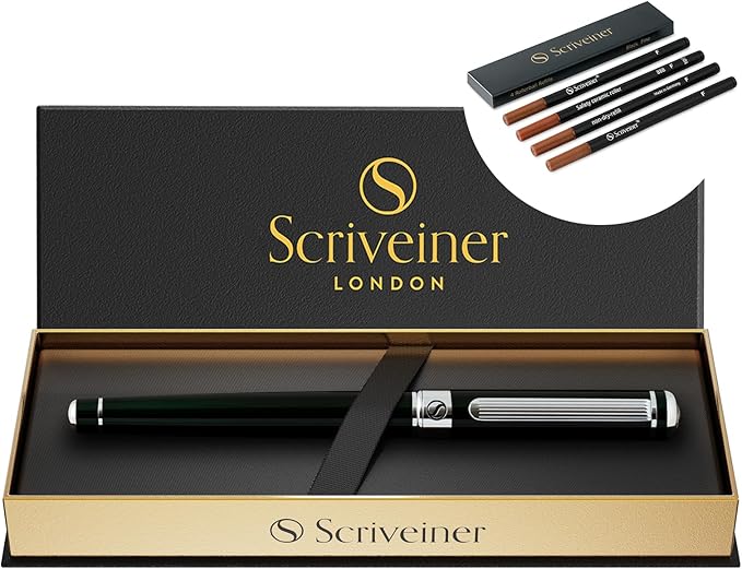 Scriveiner Black Green Rollerball Pen - Stunning Luxury Pen, Chrome Finish bundle with Rollerball Refill Black Fine - 4 Rollerball Refills in one box