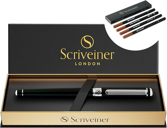 Scriveiner Black Green Rollerball Pen - Stunning Luxury Pen, Chrome Finish bundle with Rollerball Refill Black Fine - 4 Rollerball Refills in one box