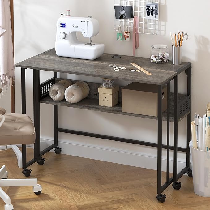 Gezen Folding Desk With Storage Shelf, Small Rolling With Wheels, Mobile Couch Sofa Side Table Bed for Home Office Small Space, Dark Grey, 39.4"