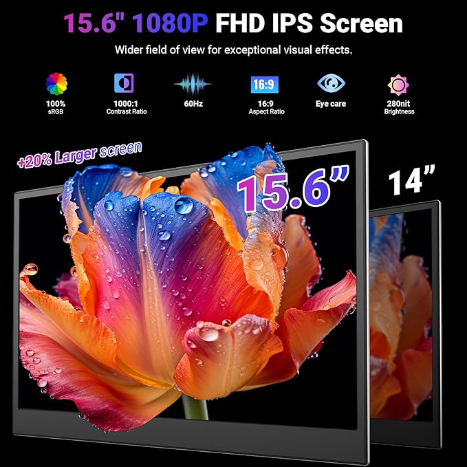 15.6" One-Cable Laptop Screen Extender, Ultra-Thin 1080P FHD Triple Portable Monitor, Travel Monitor for 13–17.3" Laptop, USB-C/USB-A Connection, Dual Monitor for Mac/Windows/Android(Driver Required)