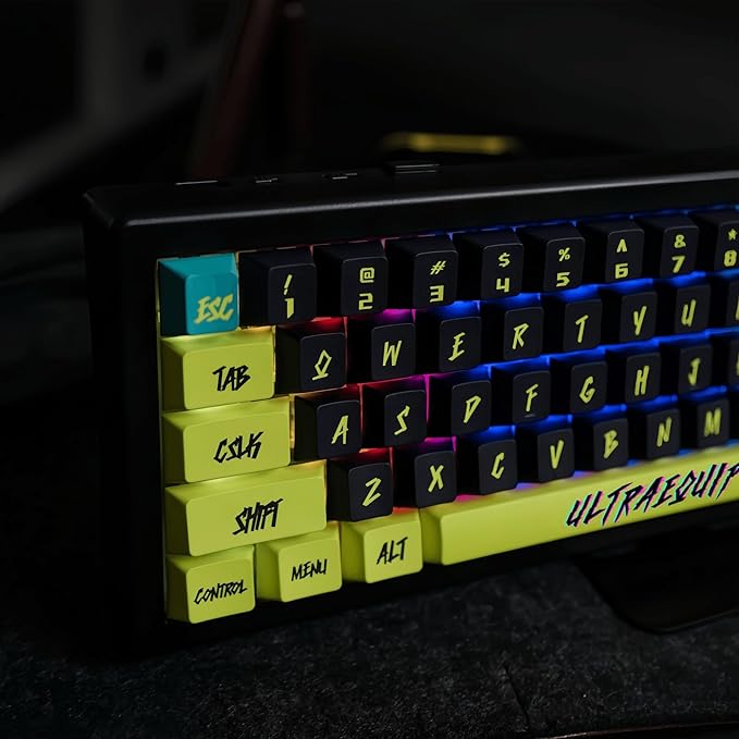 PBT Keycaps V2 Cyberpunk Keycaps Shine Through Side Printed Thick Cherry Profile 130 Keys Dye Sub Custom Set for ISO ANSI 60 65 75 100 Percent Mechanical Keyboard -Cyber Lemon v2