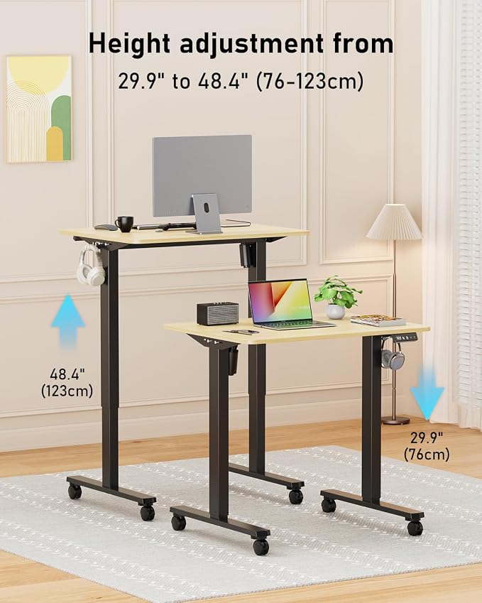 32" Small Rolling Electric Standing Desk Adjustable Height for Home Office | Mobile Sit Stand up Desk with Lockable Casters for Computer Workstation, Memory Preset, 2 Hooks, Black Frame/LightWalnut Top