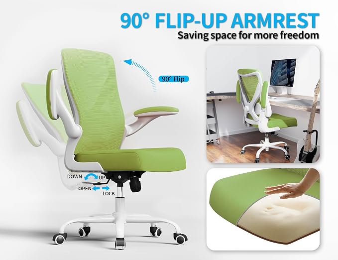 Office Chair Ergonomic Desk Chair Comfy: 330LBS Mesh Computer Chair Ergonomic Gaming Chairs with Wheels Adjustable Lumbar Support and Flip up Armrest-Swivel Executive Chairs Long Hours(Green)