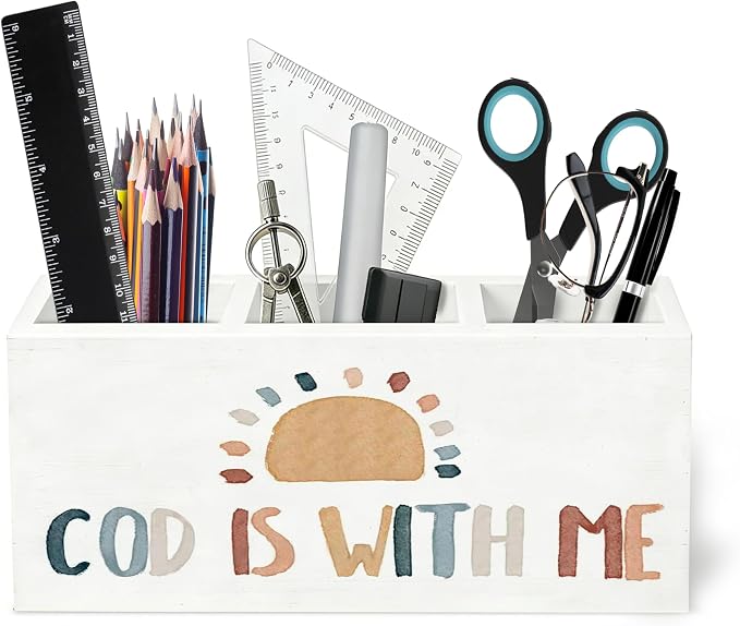 Boho Christian Inspirational Wooden Pen Holder for Desk, Retro Sunshine Bible Verse Religious Pencil Organizer Wooden Box Sign for Kids Room Classroom Home Office Decoration