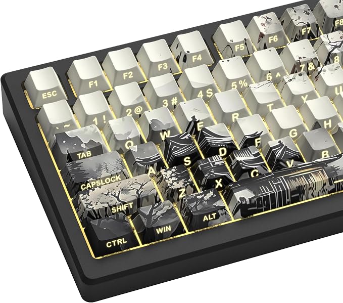 Womier PBT Keycaps Set 130 Keys, Custom White Japanese Keyboard Doubleshot Dye Sub Side Print Shine Through Keycaps 60 65 75 100 Percent, Cherry Profile (Ink Painting)