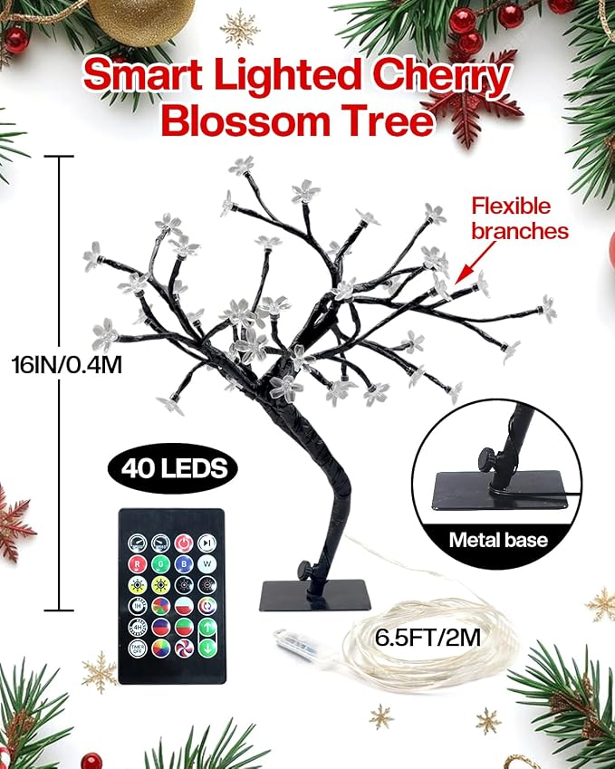 Smart RGB LED Cherry Blossom Tree Lamp, 16 Inch USB Lighted Bonsai for Desk, App Control Music Sync Timer, Color Changing Small Night Light for Bedroom Home Office Indoor Decor