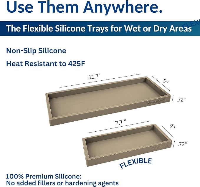 Countertop & Vanity Silicone Tray – 2 PC (11.7" & 7.7") Set | Bathroom Tray & Kitchen Soap Tray Set, Bathroom Counter Tray, Kitchen Sink Dish Soap Tray for Countertop Organization