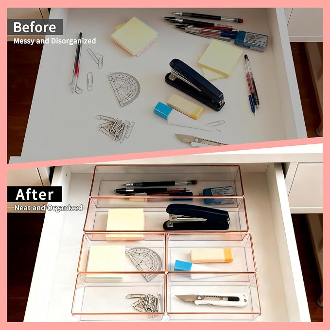 4 Pack Large Size Clear Stackable Drawer Organizer Trays, Rose Gold Rim Makeup Drawer Storage Tray Divider, Desk Storage for Makeup, Jewelry, Bathroom, Stationary, Kitchen Utensils and Office Desk