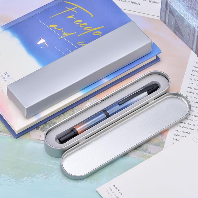 Jinhao 10 Press Fountain Pen with Box, Gradient Dark Blue Retractable Fine Nib with Ink Converter Set (Black Clip)