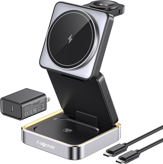 【2026 Upgraded】Wireless Charger 3 in 1, Foldable Wireless Charging Station with Night Light for Apple MagSafe Charger, Travel Magnetic Charger Stand, Nightstand Fast 15W Charging Station (20W Adapter)