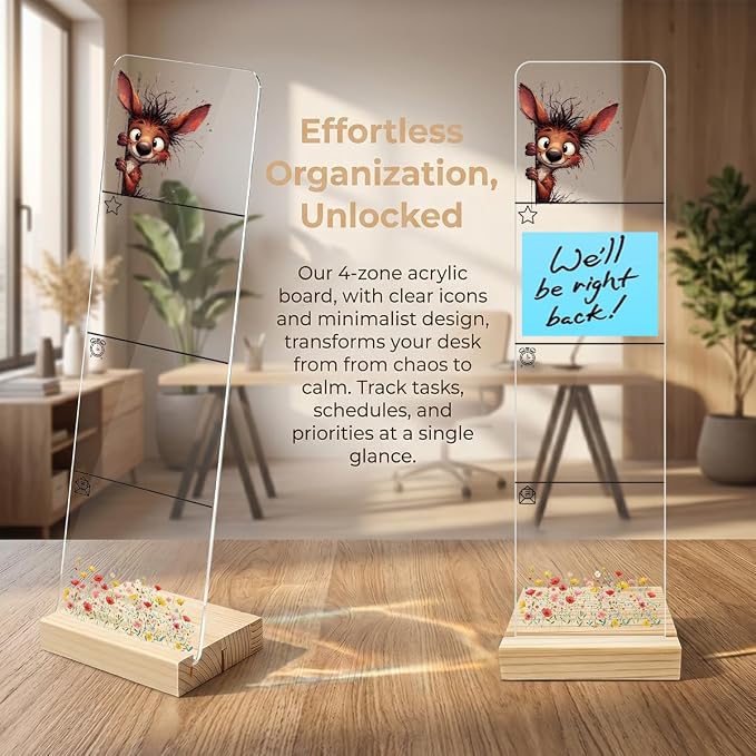 Sticky Note Holder, Monitor Memo Board, Acrylic Post It Note Holder with Wooden Base, Includes 200 Notes, Desk Organizer for Office, Rabbit Design