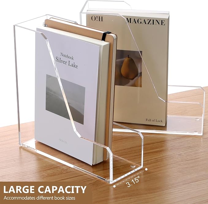 SANRUI 2 Pack Acrylic Magazine File Holder, Clear Vertical Desk Organizer | File Sorter Folder Organizer Document Rack for Office Desktop, Home Workspace, 8.66inx8.46inx3.15in