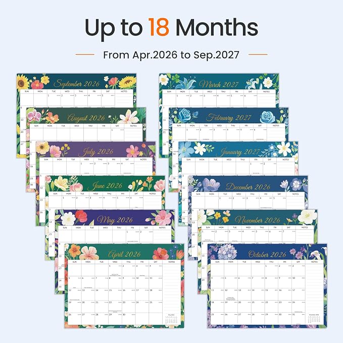 SUNEE Desk Calendar 2026-18 Month Calendar Apr. 2026 - Sep. 2027, 17" x 12" Calendar 2026 with Notes, for Planning, Organizing in Family, School or Office - Colorful Floral 2026 Calendar