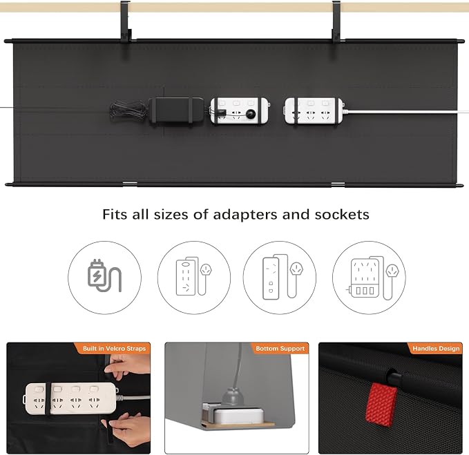 Under Desk Cable Management Tray, 48" Fabric Wire Cord Organizer, Black | No Drill Under Table Wire Organizer with 16X Cable Ties for Office/Home, Cord Hider Fit Adapters & Sockets, Clamp/Screw Mount