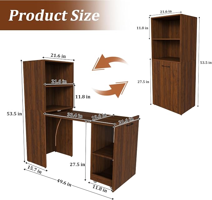 Walnut Murphy Desk with Storage Shelves, Wood Folding Desks for Small Spaces, Expandable Hideaway Computer Desk, Space Saving Pull Out Study Table for Bedroom Apartment (Walnut,)
