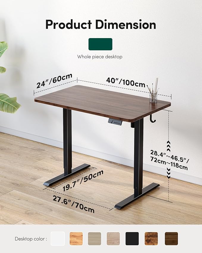 CubiCubi 40 x 24 Small One-Piece Standing Desk, Adjustable Height Electric Computer Sit Stand up Home Office Workstation, with 4 Memory Presets, Headphone Hook, Black Walnut