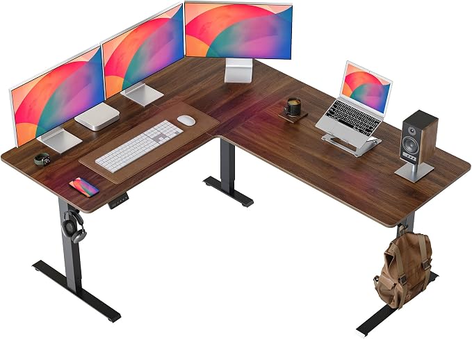 CubiCubi L Shaped Standing Desk 63 x 55 Inch Adjustable Height, Electric Corner Desk, Sit Stand Home Office Desk with Splice Board, Black Walnut