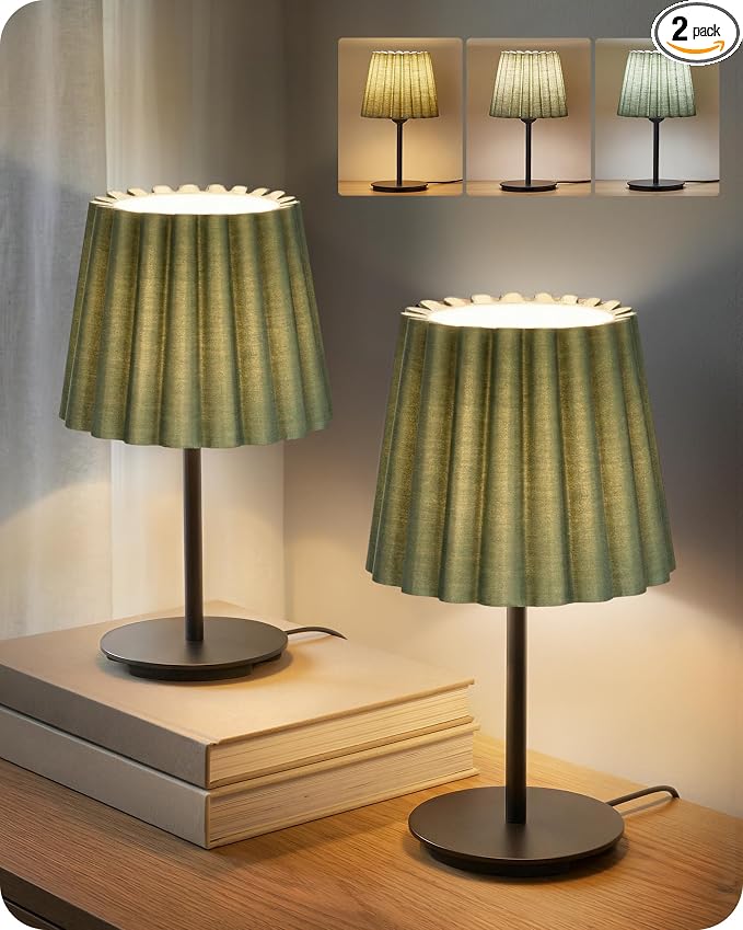 Small Bedside Table Lamps Set of 2, Dimmable Table Lamps with 3 Adjustable Color Temperatures, Nightstand Lamps with 2 Bulbs, E26 Base, for Bedroom, Study, Desk, Green and Black J15TLP205