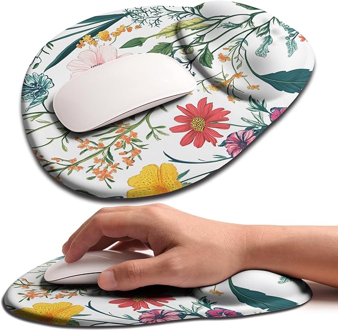 Palm-Rest and Wrist-Hugging Mouse Pad Wrist Rest, Ergonomic Wrist Support with Curve Fitting Cushioned Memory Foam for Carpal Tunnel Pain Relief, 9.9 x 8.3 Inch, Blossoms