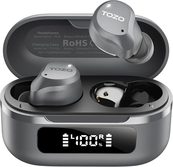 TOZO NC9 Hybrid Active Noise Cancelling Wireless Earbuds, 6 Mics ENC Clear Call, IPX8 Waterproof, in Ear Bluetooth 5.3 Headphones Stereo Bass Ear Buds 60H Playtime with LED Display 32 EQs via APP