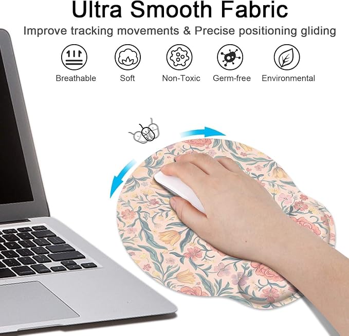 Britimes Pink Floral Vintage Boho Ergonomic Mouse Pad Set with Wrist Rest Non-Slip Rubber Base Wrist Cushion Support and Coasters Mousepad with Wrist Support for Computer Keyboard and Desk