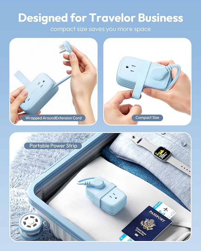 NTONPOWER Travel Power Strip,Travel Essentials 4 Outlets 3 USB(1 C) with 4FT Wrapped Extension Cord Flat Plug, Cruise Essentials 2026 for Hotel Travel Cruise Essentials, Blue