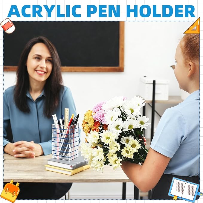 4Pcs Back to School Pencil Holder for Classroom, Acrylic Pen Holder for Desk Clear Pen Holder Organizer with Blue Line, Dispenser Pencil Storage for Office School Teachers Students