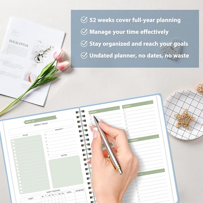 Undated Weekly Planner, Weekly To Do List Notebook with Goal, Organizer & Habit Tracker, A5 Daily Planner with Spiral Binding, Ideal for Office School Suppies